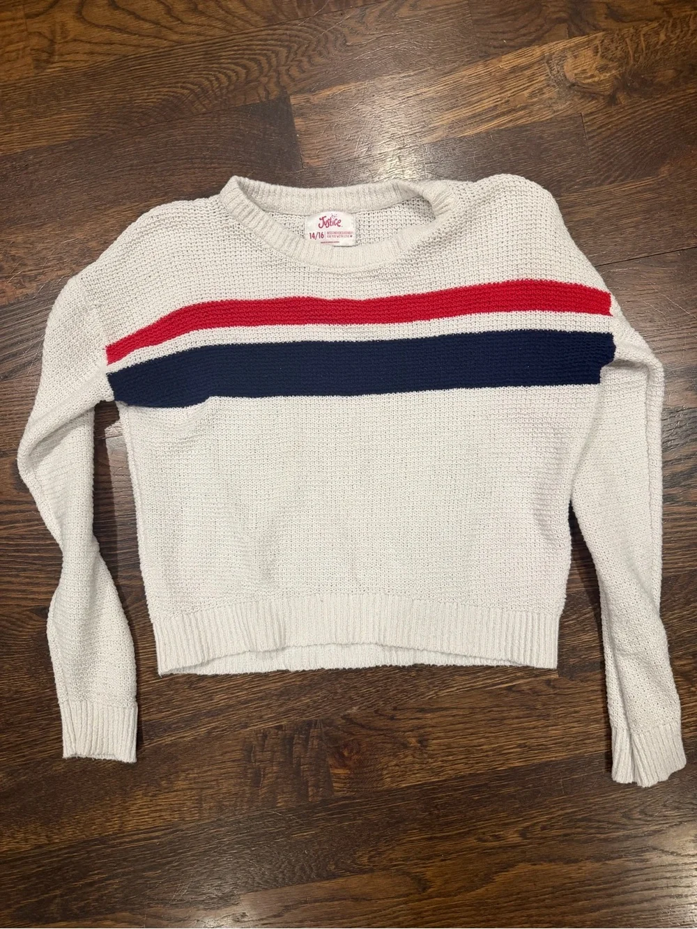 Justice Cream Crewneck Sweater with Red and Navy Stripes